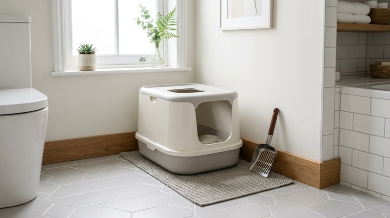 Un arenero limpio y ordenado con una pala al lado, en un rincón luminoso de un baño impecable, ambiente doméstico pulcro
