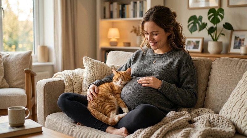 Una mujer embarazada acariciando con ternura a un gato tranquilo apoyado en su regazo en un sofá acogedor, ambiente hoga