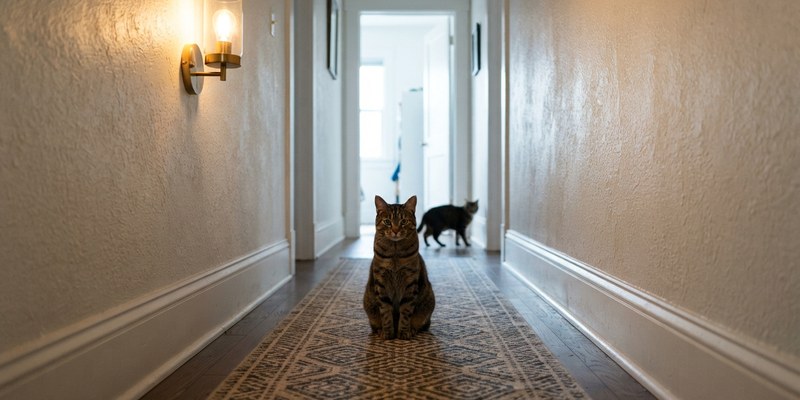 Un gato sentado en mitad de un pasillo estrecho y otro dudando al fondo