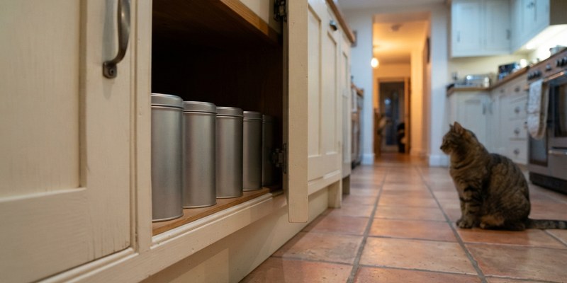 Armario de cocina con latas sin etiqueta ordenadas y un gato sentado lejos en el suelo