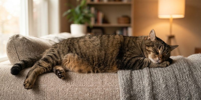 Gato adulto rechoncho estirado sobre el cojín de un sofá en un salón