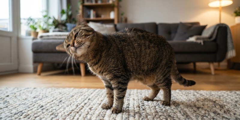 Aspiradora en mitad del salón mientras un gato observa tranquilo desde una balda alta