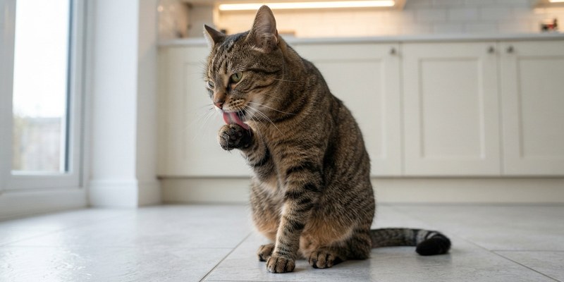 Dos gatos a distinta altura, uno en una balda alta y otro en la alfombra