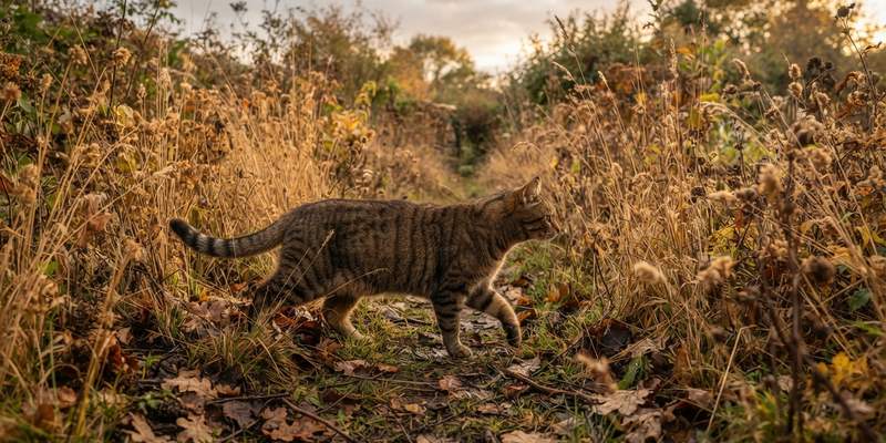 Gato caminando entre hierba alta y seca con hojas caídas al borde de un jardín