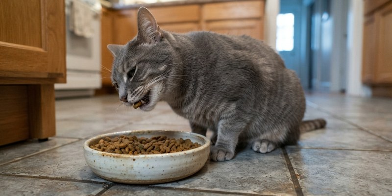 Gato de pelo largo sentado sobre una toalla gruesa en la mesa de exploración