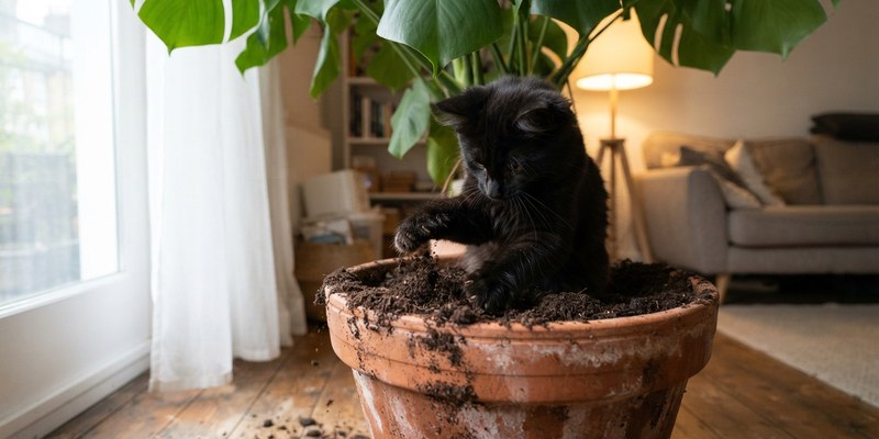 Gato negro joven escarbando con las dos patas en la tierra de una maceta grande