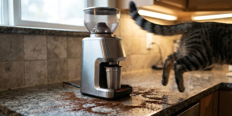Molinillo de café de acero rodeado de café molido mientras un gato salta de la encimera