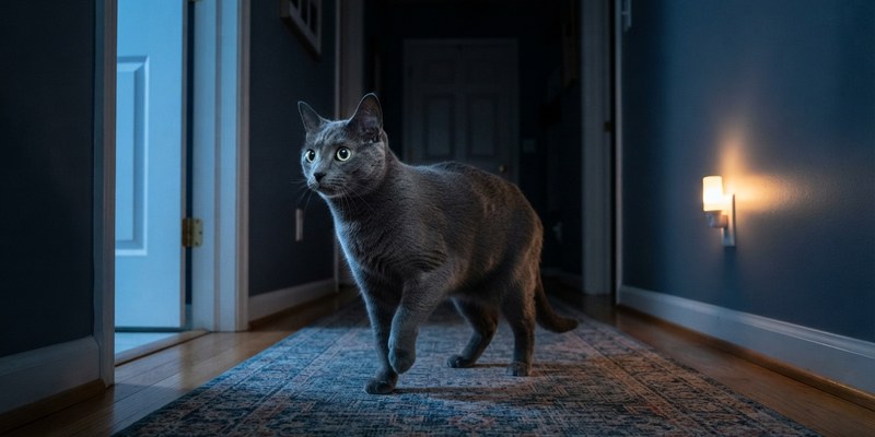 Gato gris tenso de noche en un pasillo con las orejas tiesas y una pata levantada