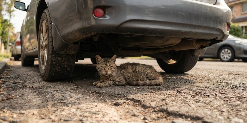 Gato callejero flaco con el pelo apelmazado descansando a la sombra bajo un coche aparcado