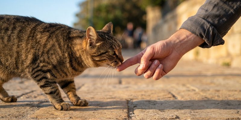 Una mano extendida y quieta mientras un gato atigrado se acerca a olerla en la acera