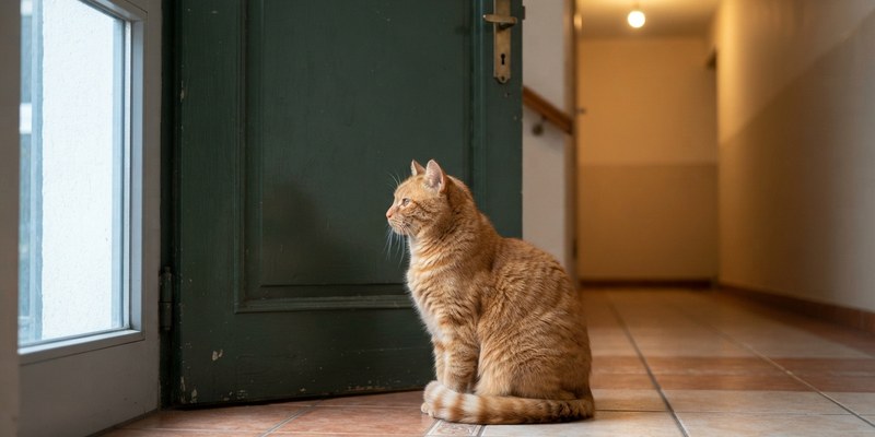 Gato naranja esperando sentado frente a la puerta cerrada del portal de un edificio