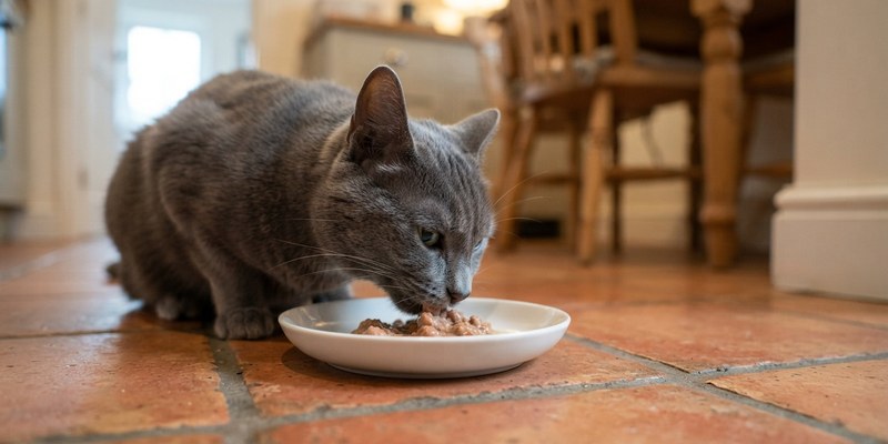 Gato gris comiendo de un plato blanco poco profundo en el suelo de la cocina