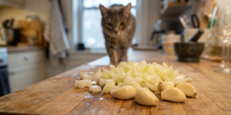 Cebolla y ajo picados en primer plano con un gato acercándose desenfocado al fondo