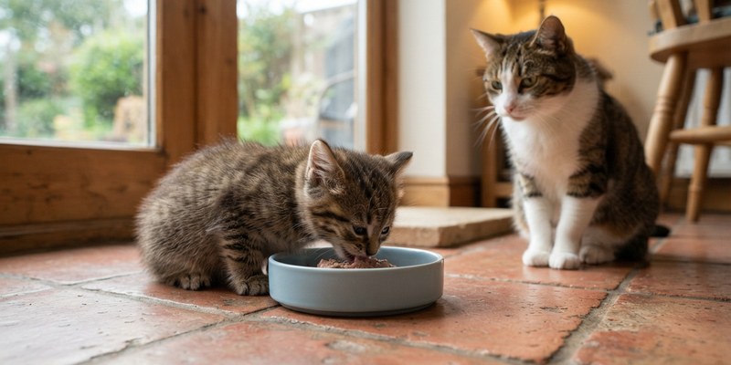 Gatito comiendo de un plato bajo mientras un gato adulto lo observa desde un escalón