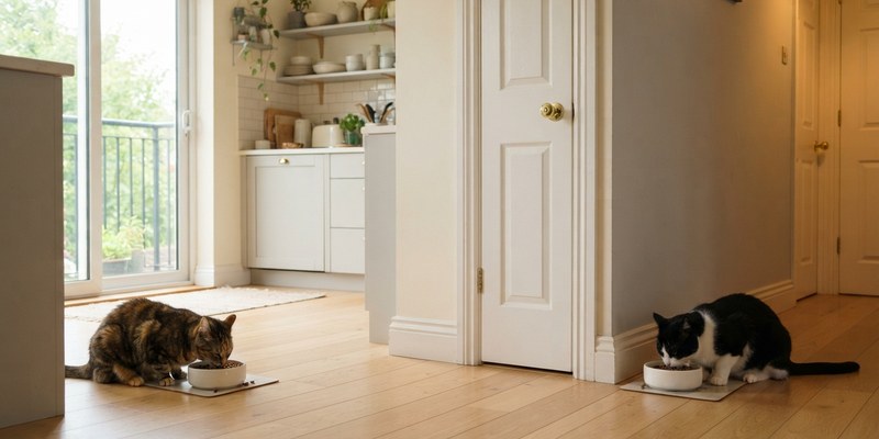 Dos gatos comiendo en rincones separados de una cocina con sus propios cuencos