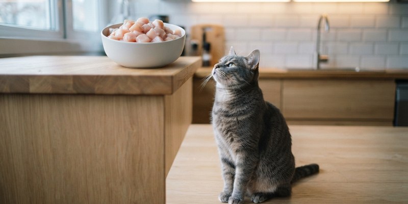 Gato atigrado gris mirando hacia un cuenco con dados de carne cruda de ave