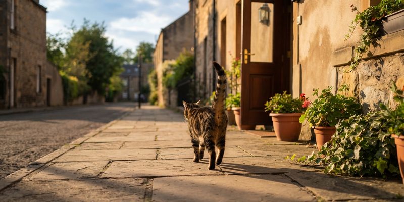Gato gris sobre un muro bajo con un collar de tela y una chapa metálica