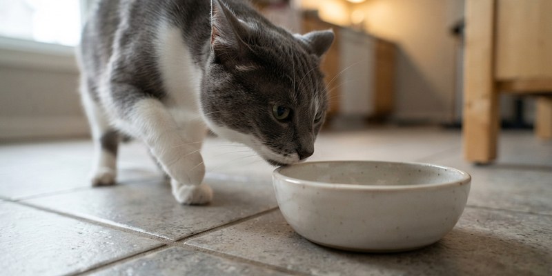 Gato gris y blanco acercándose con recelo a oler el borde de un cuenco