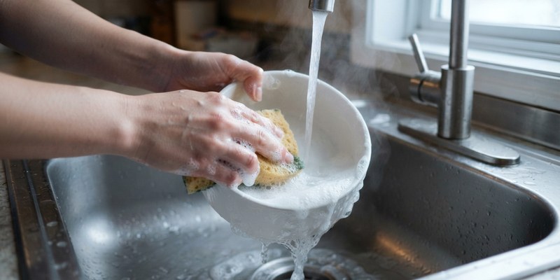 Cuenco blanco de cerámica fregándose con una esponja bajo el agua caliente del fregadero