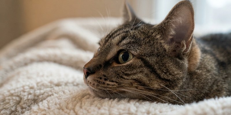 Primer plano del perfil de un gato con las pupilas muy dilatadas sobre una manta