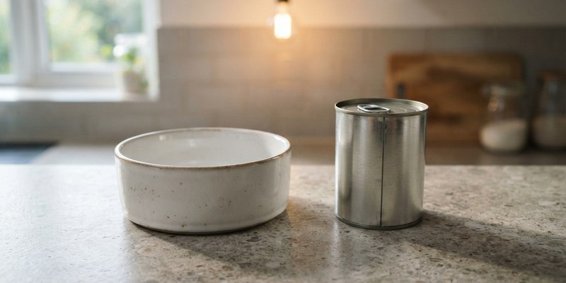 Cuenco de cerámica vacío y una lata sin etiqueta sobre la encimera de la cocina