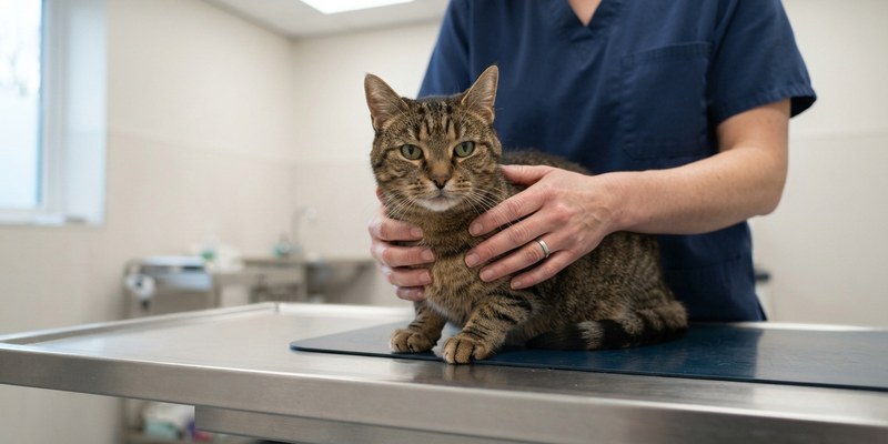 Gato atigrado tranquilo en la mesa de una clínica mientras unas manos le sujetan los hombros