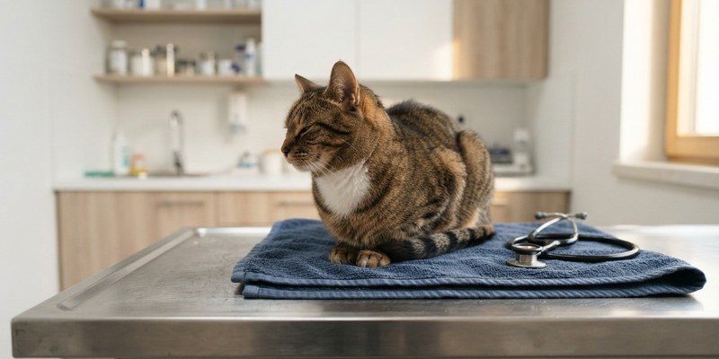 Gato tranquilo sentado sobre una toalla en la mesa del veterinario junto a un fonendoscopio