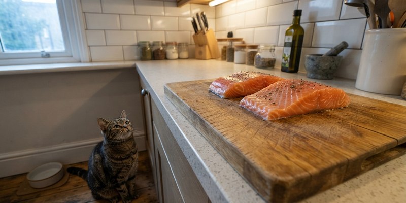 Filetes de pescado crudo en una tabla mientras un gato los mira desde el suelo