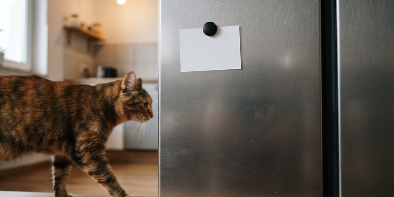 Puerta de nevera con una tarjeta blanca sujeta por un imán y un gato pasando delante