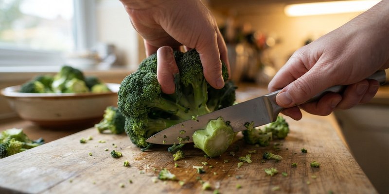 Manos cortando una cabeza de brócoli en ramilletes pequeños con un cuchillo sobre una tabla