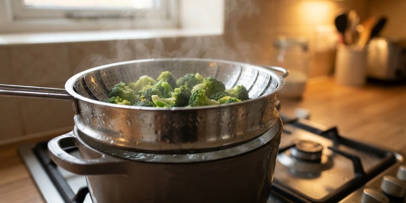 Ramilletes de brócoli en una vaporera de acero sobre una olla con vapor subiendo