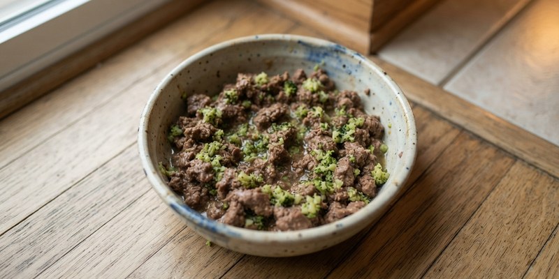 Cuenco de gato con comida húmeda y trocitos de brócoli cocido mezclados