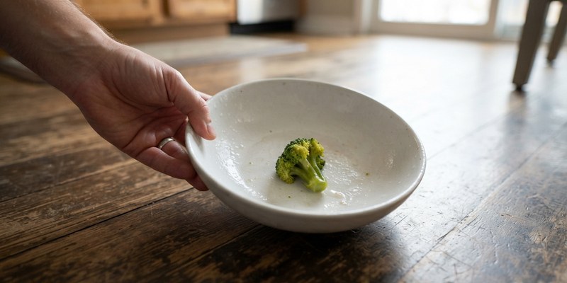Mano recogiendo del suelo un cuenco casi vacío con un trozo de brócoli cocido