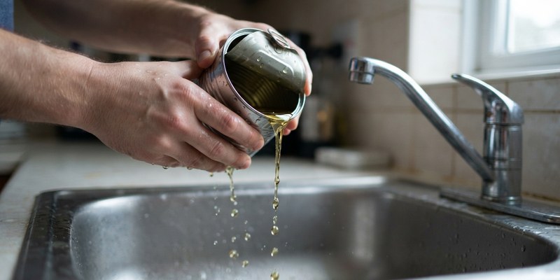 Manos inclinando una lata abierta sobre el fregadero para escurrir el aceite