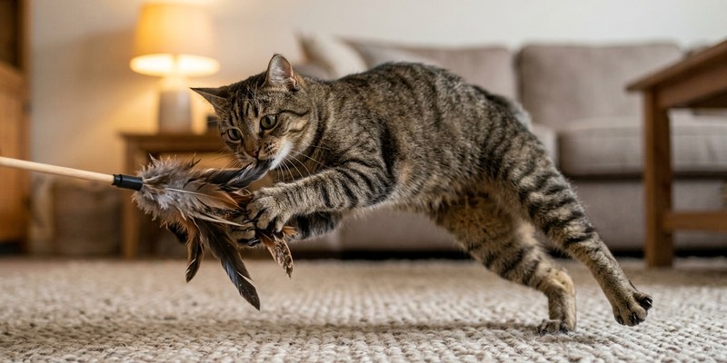 cat catching feather wand