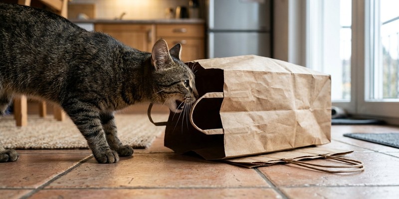 cat peering into paper