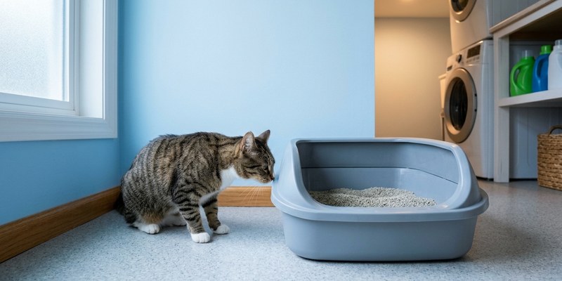 cat sniffing litter tray