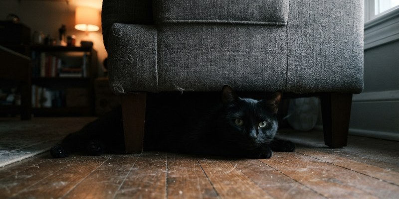 cat lying under sofa