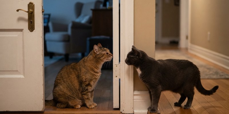 two cats meeting through