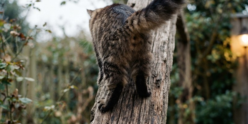 cat climbing wooden post