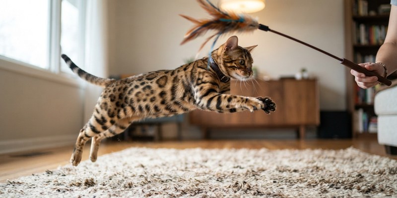 bengal cat leaping after
