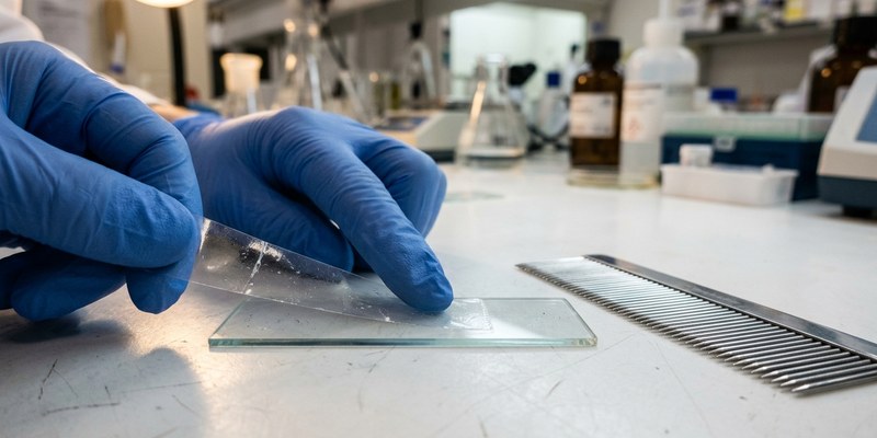 Tira de cinta adhesiva transparente pegada sobre un portaobjetos junto a un peine metálico fino