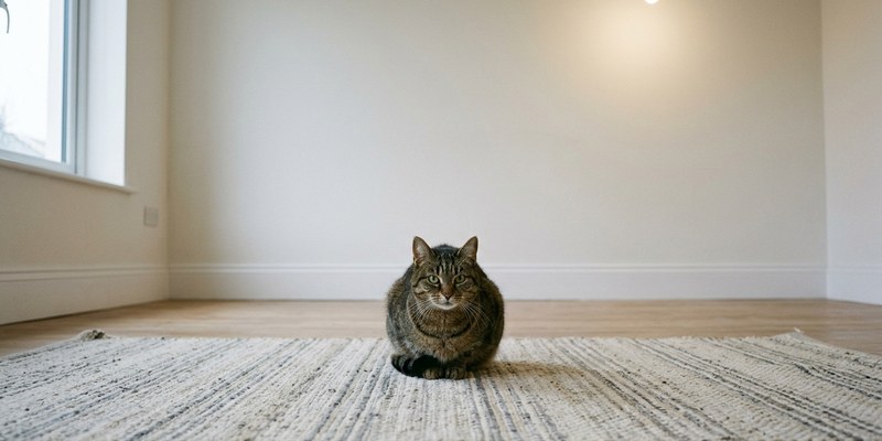Gato adulto sentado encorvado y muy quieto sobre una alfombra en una habitación vacía