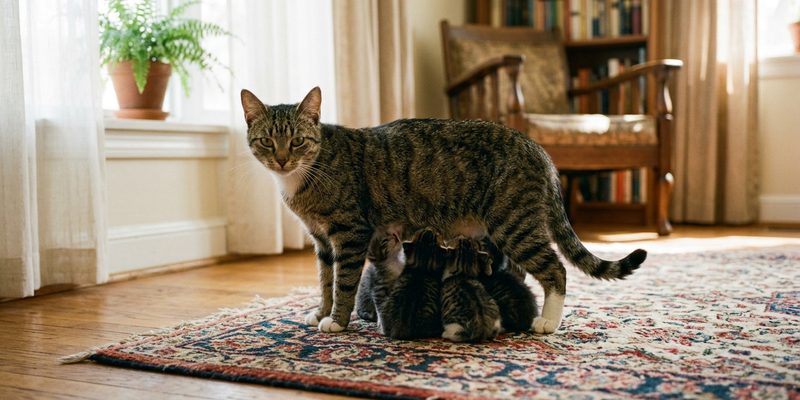 tabby cat nursing on