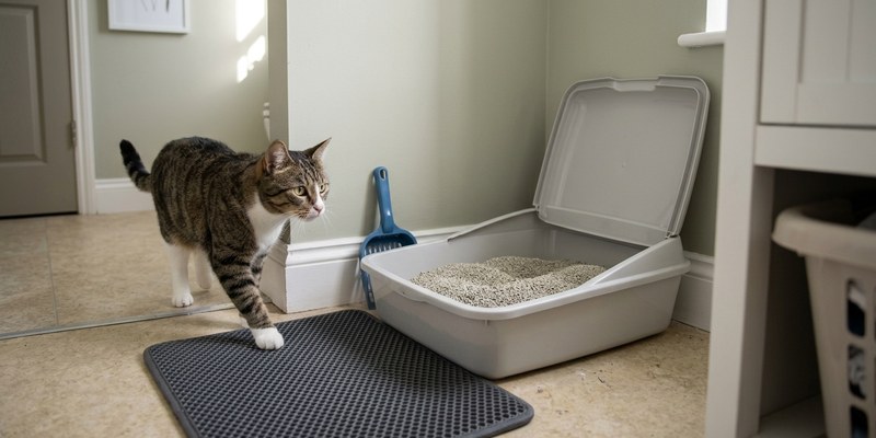 cat approaching litter tray