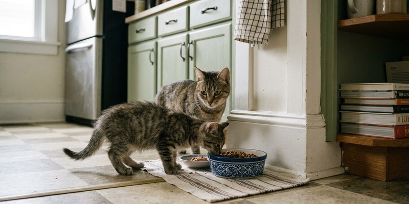 kitten sniffing mother food