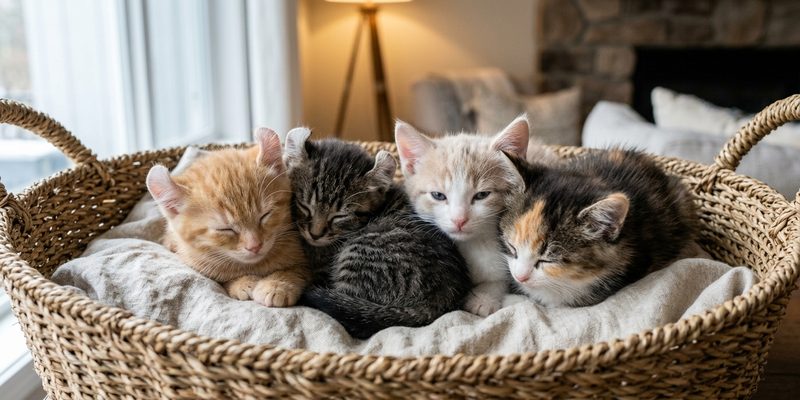 kittens huddled in basket
