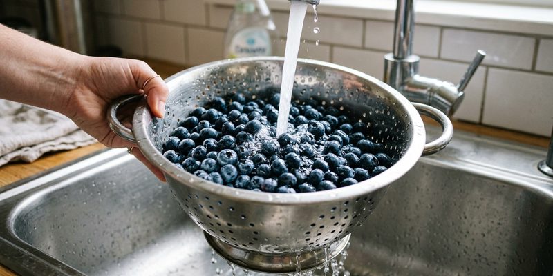 blueberries rinsing in colander