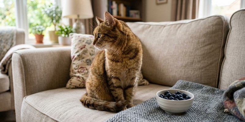 cat turning from blueberries
