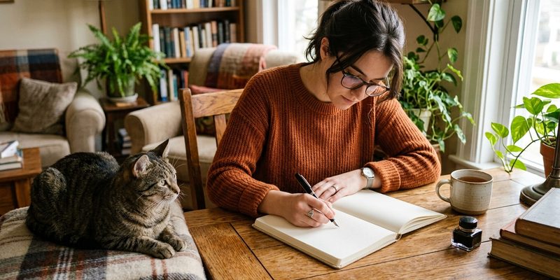 person writing with cat